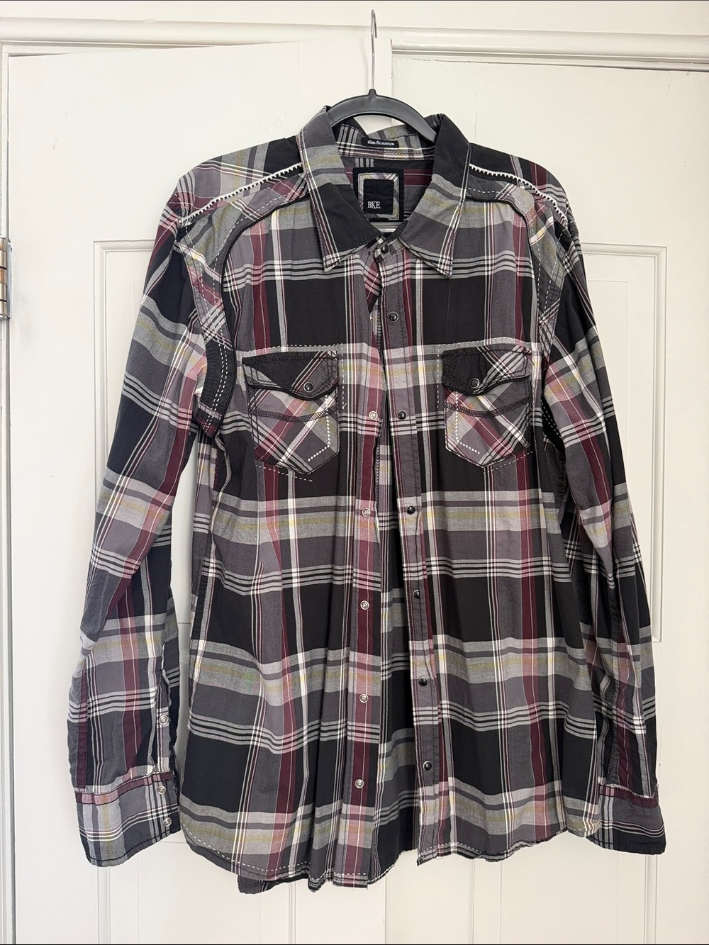 BKE Men's Black, Burgundy and Gray Plaid Button-Down Shirt